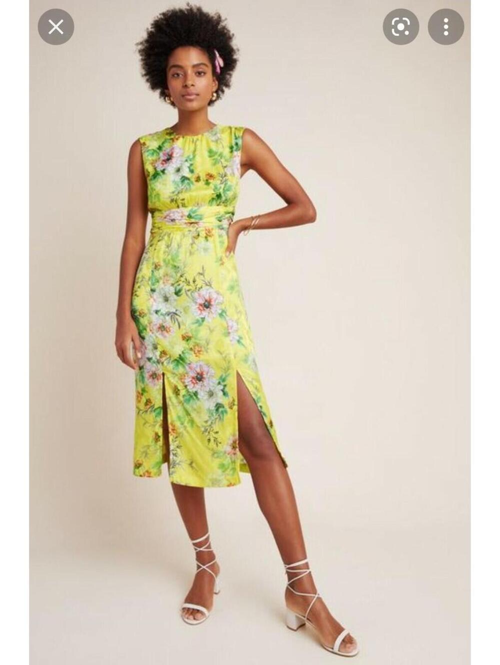 NWT Anthropologie Sparrow Silk Midi Floral Yellow A Line Dress Sz 6 Silk $238